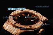 Hublot Big Bang Swiss Quartz Movement Rose Gold Case with Black Dial and Double Row Diamond Bezel