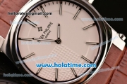 Patek Philippe Gondolo Japanese Miyota Quartz Steel Case with Brown Leather Bracelet Stick Markers and White Dial