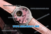 Cartier Ballon Bleu De Tourbillon Swiss Tourbillon Manual Winding Steel Case with Pink Dial Pink Leather Strap and Roman Numeral Markers