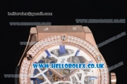 Hublot Classic Fusion Skeleton Asia Automatic Rose Gold Case with Skeleton Dial Diamonds Bezel and Blue Rubber Strap