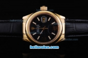 Rolex Datejust Automatic Smooth Gold Case with Black Dial and White Marking-Black Leather Strap