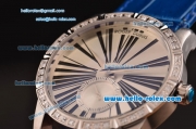 Roger Dubuis Excalibur 36 Miyota OS2064 Quartz Steel Case Diamond Bezel with Blue Leather Strap White Dial