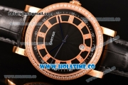 Cartier Rotonde De Miyota Quartz Rose Gold Case with Black Dial Diamonds Bezel and Diamonds Markers