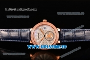 Cartier Rotonde De Swiss Quartz Rose Gold Case with White Guilloche Dial Diamonds Bezel and Blue Leather Strap