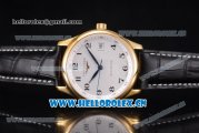 Longines Master Date Swiss ETA 2824 Automatic Yellow Gold Case with White Dial Arabic Numeral Markers and Black Leather Strap