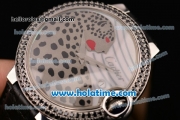 Cartier Ballon Bleu de Cartier 42MM Swiss ETA 2892 Automatic Steel Case with Black Leather Strap Diamond Bezel and Leopard/White MOP Dial