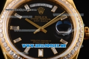 Rolex Day-Date Swiss ETA 2836 Automatic Yellow Gold Case/Bracelet with Black Dial and Stick Markers Diamonds Bezel (BP)