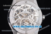 Hublot Classic Fusion Skeleton Asia Automatic Steel Case with Skeleton Dial Diamonds Bezel and Brown Leather Strap