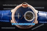 Cartier Ballon Bleu de Cartier Flying Tourbillon Swiss Tourbillon Manual Winding Rose Gold Case with Blue Dial and Blue Leather Strap