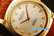 Rolex Cellini Swiss Quartz Yellow Gold Case with White MOP Dial and Brown Leather Strap-Diamond Markers