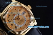 Rolex Sky-Dweller Asia 2813 Automatic Gold Case Numeral Markers with Black Leather Strap and Yellow Dial