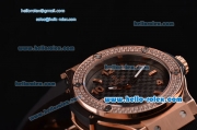 Hublot Big Bang Swiss Quartz Rose Gold Case with Stick/Numeral Markers Diamond Bezel and Black Rubber Strap