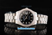 Rolex Day Date II Automatic Movement Full Steel with Diamond Bezel-Diamond Markers and Black Dial