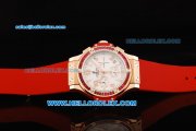 Hublot Big Bang Chronograph Swiss Quartz Movement White Dial with Diamond Bezel and Red Rubber Strap-Lady Model