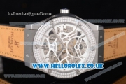 Hublot Classic Fusion Skeleton Asia Automatic Steel Case with Skeleton Dial Diamonds Bezel and Brown Leather Strap