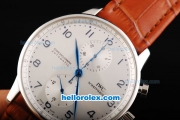 IWC Portuguese Swiss Valjoux 7750 Automatic Movement Steel Case with Silver Dial and Blue Numeral Markers-Brown Leather Strap