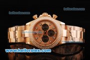 Rolex Daytona Chronograph Miyota Quartz Movement Full Rose Gold with Rose Gold Dial - Three Black Subdials and Double Row Diamond Bezel Rolex Daytona Chronograph Miyota Quartz Movement Full Rose Gold with Rose Gold Dial - Three Black Subdials and Double Row Diamond Bezel