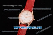 Omega De Ville Prestige Miyota Quartz Rose Gold Case with White MOP Dial Diamonds Bezel and Red Leather Strap