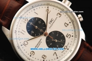 IWC Schaffhausen Chronograph Miyota Quartz Movement White Dial - Two Black Subdials with Arabic Numerals and Brown Leather Strap