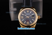 Rolex Datejust Automatic Smooth Gold Case with Black Dial and White Marking-Black Leather Strap