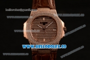 Patek Philippe Nautilus Miyota 9015 Automatic Diamonds/Rose Gold Case with Diamonds Dial and Brown Leather Strap (AAAF)