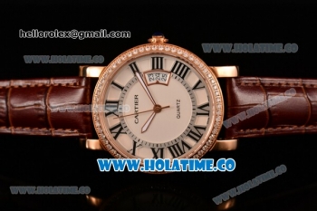 Cartier Rotonde De Miyota Quartz Rose Gold Case with White Dial Diamonds Bezel and Roman Numeral Markers