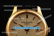 Patek Philippe Calatrava Miyota Quartz Yellow Gold Case with Yellow Gold Dial and Black Leather Strap Stick Markers