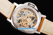 Panerai Marina Manual Winding Silver Case with Gold Skeleton Dial and Orange Leather Strap