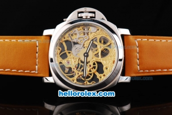 Panerai Marina Manual Winding Silver Case with Gold Skeleton Dial and Orange Leather Strap