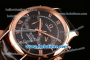 Omega De Ville Co-Axial Chronograph VK Quartz Movement Rose Gold Case and Black Leather Strap with Black Dial