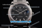 Rolex Day-Date Swiss ETA 2836 Automatic Stainless Steel Case/Bracelet with Black Dial and Stick Markers Diamonds Bezel (BP)