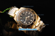 Rolex GMT-Master Oyster Perpetual Swiss ETA 2836 Automatic Movement Full Gold with Black Bezel and Black Dial - White Markers