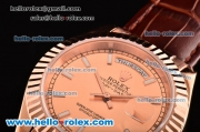 Rolex Day-Date Asia 2813 Automatic Rose Gold Case with Brown Leather Strap Stick Markers and Pink Dial