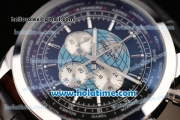Breitling Transocean Chronograph Unitime Miyota OS20 Quartz Steel Case with Black Leather Bracelet Stick Markers and Black/Blue Dial