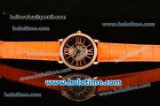Cartier Rotonde De Swiss Quartz Rose Gold Case with Diamonds Bezel Skeleton Dial and Orange Leather Strap