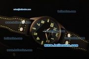 IWC Pilot Swiss Quartz PVD Case with Black Dial and Black Leather Strap-Green Markers
