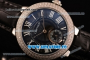 Cartier Ballon Bleu De Small Swiss Quartz Steel Case with Diamonds Bezel Black Dial and Black Leather Strap - White Markers