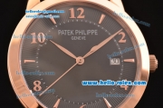 Patek Philippe Calatrava Swiss ETA 2824 Automatic Rose Gold Case with Black Leather Strap Black Dial Numeral/Stick Markers