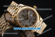 Rolex Day-Date Clone Rolex 3255 Automatic Yellow Gold Case/Bracelet with Silver Dial and Roman Numeral Markers