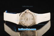 Omega Constellation Quartz Movement Steel Case with Diamond Bezel and White Leather Strap