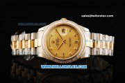 Rolex Day Date II Oyster Perpetual Automatic Movement Steel Case with Diamond Bezel - Diamond Markers Gold Dial and Two Tone Strap