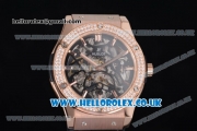 Hublot Classic Fusion Skeleton Asia Automatic Rose Gold Case with Skeleton Dial Diamonds Bezel and Black Leather Strap