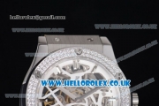 Hublot Classic Fusion Skeleton Asia Automatic Steel Case with Skeleton Dial Diamonds Bezel and Brown Leather Strap