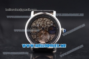 Cartier Ronde De MoonPhase Swiss Tourbillon Manual Winding Steel Case with Skeleton Dial and Black Leather Strap