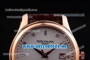 Patek Philippe Calatrava Miyota Quartz Rose Gold Case with White Dial and Brown Leather Strap Diamonds Markers