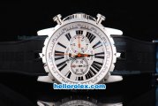 Roger Dubuis Excalibur Chronograph Quartz Movement Silver Case with White Dial-Black Markers and Black Rubber Strap