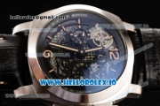 Panerai L'Astronomo Luminor 1950 Tourbillon Moon Phases Equation Of Time GMT Asia Automatic Steel Case Black Dial With Stick/Arabic Numeral Markers Black Leather Strap