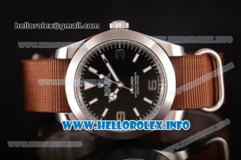 Rolex Explorer Asia Automatic Steel Case with Black Dial and Brown Nylon Strap - Stick Markers