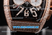 Franck Muller Vanguard Miyota OS20 Quartz Rose Gold Case with Black Dial Black Leather Strap and White Subdials Diamonds Bezel