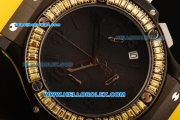 Hublot Big Bang Chronograph Swiss Quartz Movement PVD Case with Yellow Diamond Bezel and Yellow Rubber Strap-Lady Model